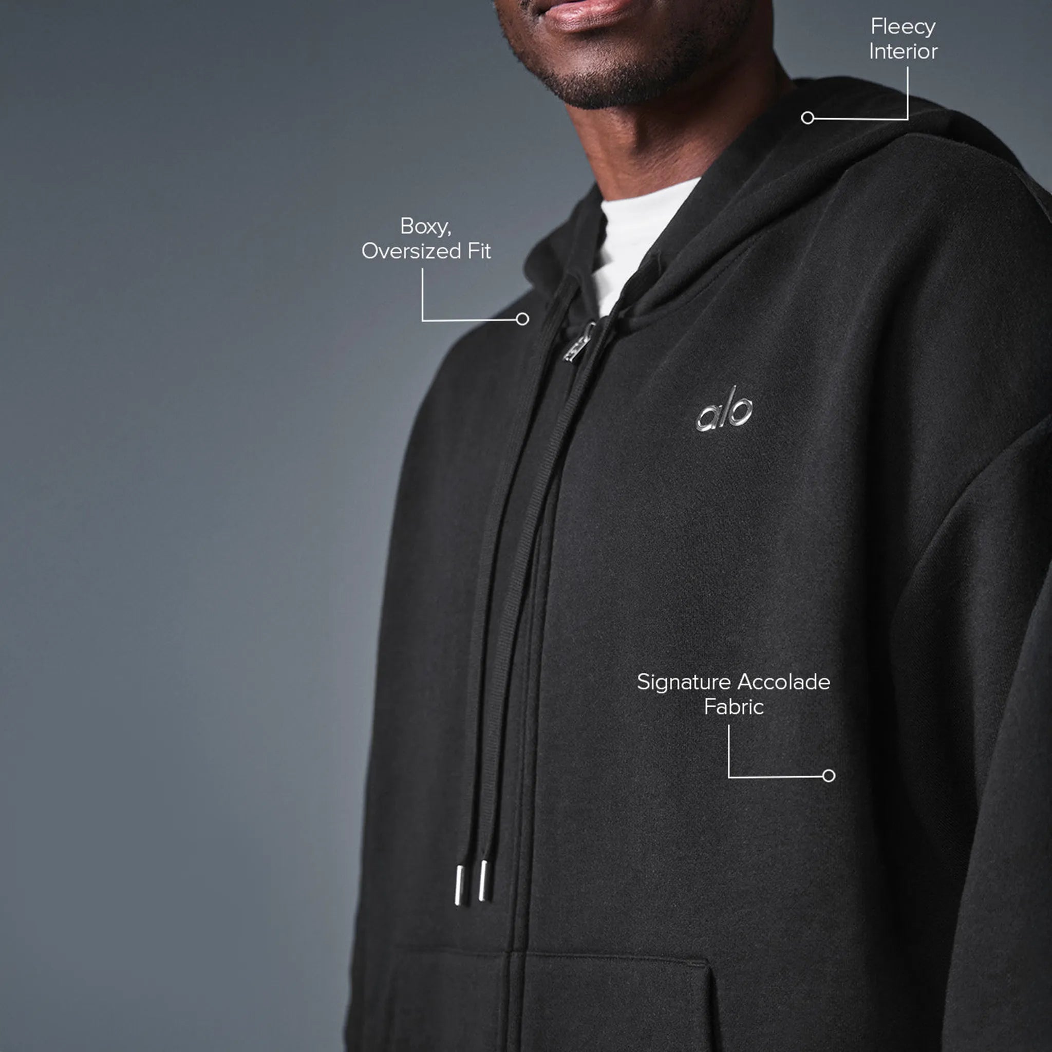 Front Side View of Alo Yoga Accolade Black Zip-Up Hoodie